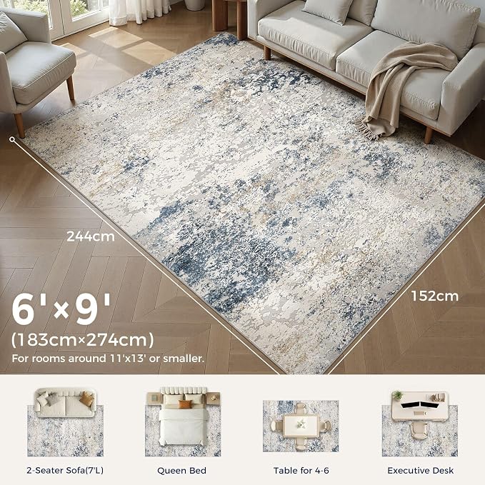 DMOYEST Area Rug Living Room Rugs - 6x9 Abstract Large Soft Indoor Washable Rug Neutral Modern Low Pile Carpet for Bedroom Dining Room Farmhouse Home Office - Beige Blue