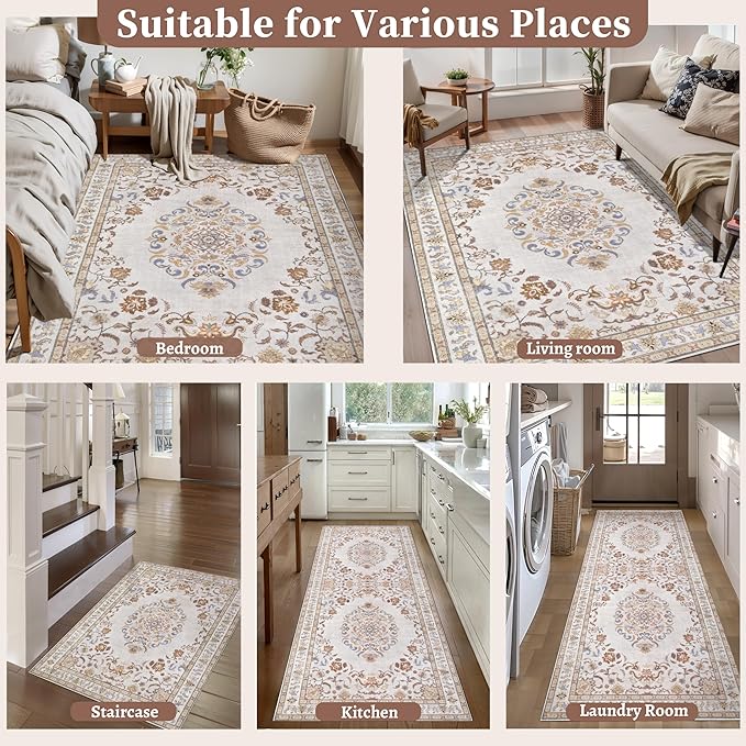 Tangsoo 2x6 Washable Runner Rug Non Slip, Vintage Boho Neutral Hallway Rug for Entry Kitchen, Soft Low Pile Beige Floor Carpet Runner for for Laundry, Bedroom, Living Room Home Decor