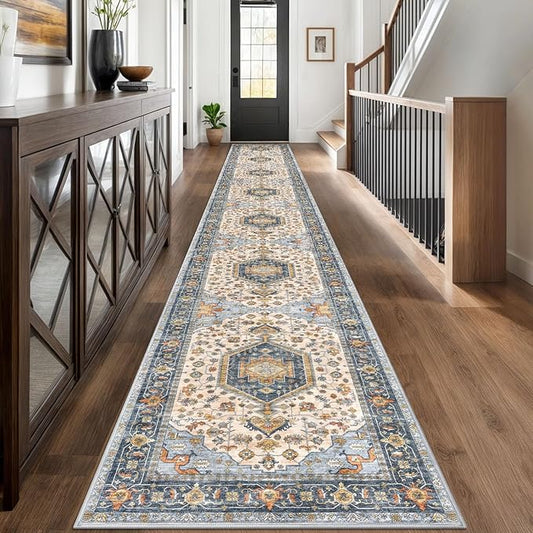 KUTA Extra Long Runner Rug for Hallway 2.6x18ft, Ivory Blue Vintage Washable Kitchen Runners, Non-Slip Stair Rugs Ultra Soft Printed Modern Carpet for Bedroom Living Room