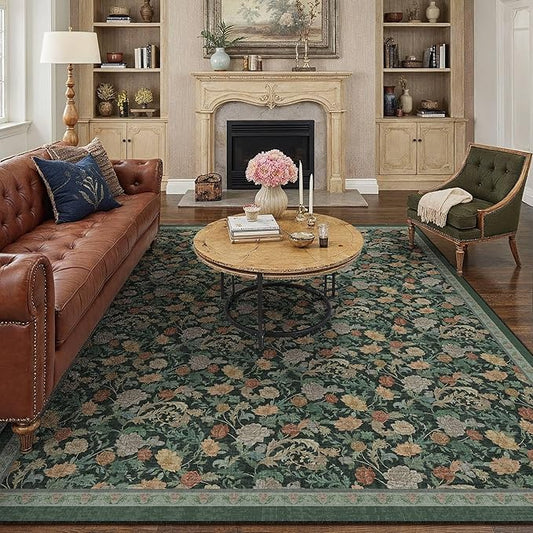 HUGEAR Retro Area Rugs 8x10 Washable Living Room Bedroom Rugs Vintage Floral Throw Carpet Dark Green Stain Resistant Non Slip Low Pile for Home Aesthetic Modern Decor