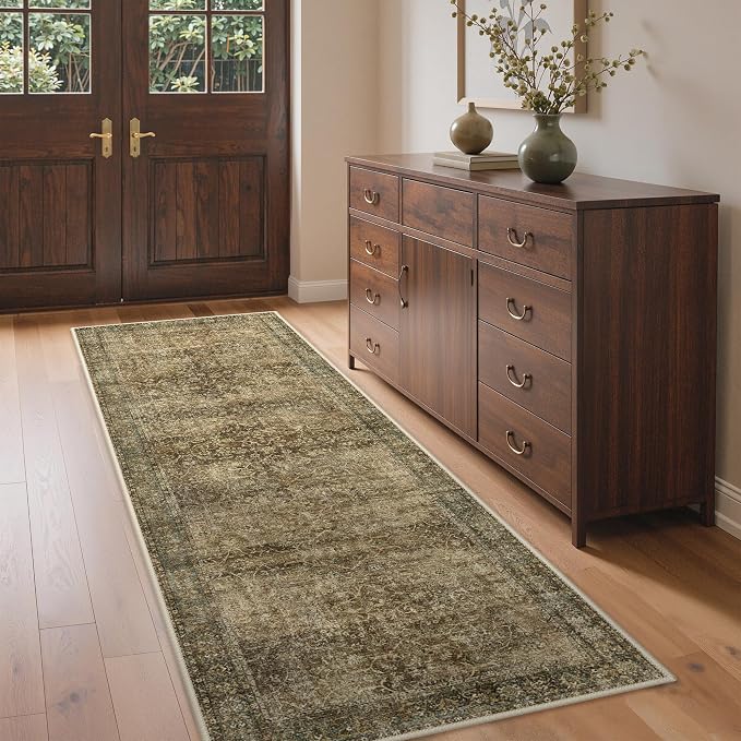 Bavni Washable Rugs 9x12 Machine Washable Rug Lightweight Low Pile, Vintage Floral Rug Non-Shedding Distressed Throw Carpet for Living Room Bedroom Office, Green