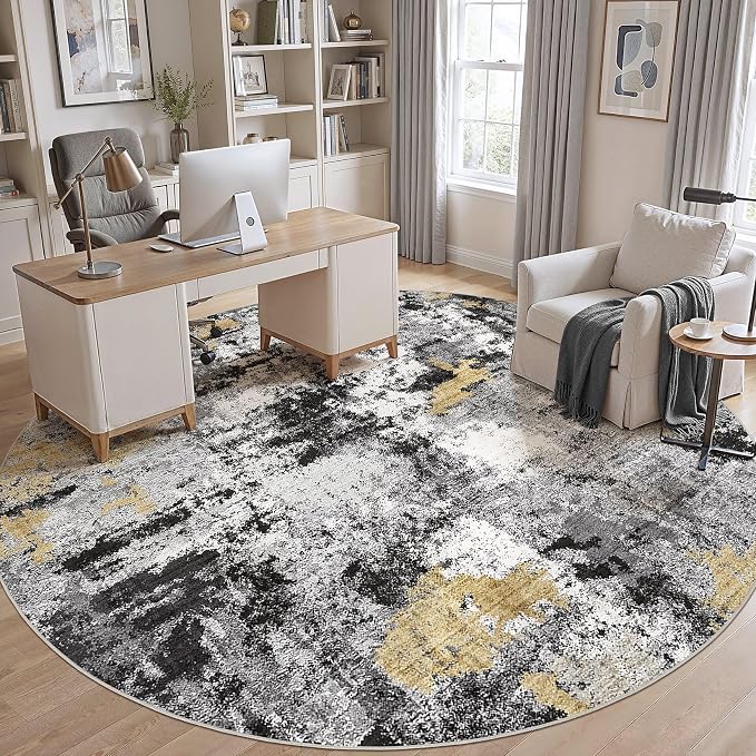 Abstract 12FT Round Rug: Machine Washable Non Slip Ultra Thin Low-Pile Carpet, Soft Stain Resistant for Living Dining Room Bedroom, Kid Pet Friendly, Robot Vacuum Compatible - Black Gold
