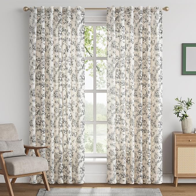 jinchan Linen Floral Curtains for Living Room 84 Inch Length Black Printed Flower Light Filtering French Country Curtain Farmhouse Cottage Core Toile Curtains Back Tab Window Drapes Set 2 Panels