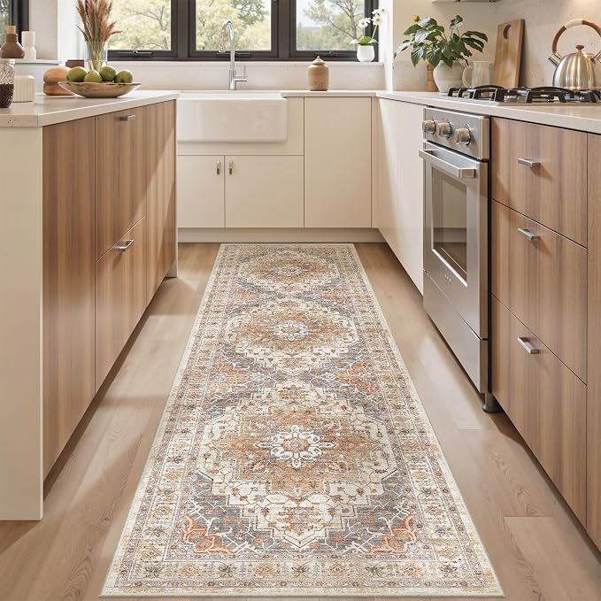 befbee 2x8 Runner Rug Washable Hallway Runner Rug Ultra-Thin Soft Kitchen Rug Non Slip Indoor Floor Foldable Carpet with Low Pile for Bathroom Laundry Room Living Room Entryway(Turmeric/Grey,2'x8')