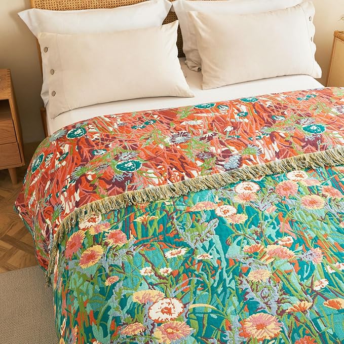 Boho Throw Blanket - 60"x80" 100% Cotton Ultra Soft Lightweight Spring Blanket, 4-Layer Breathable Muslin Blankets for Bed Couch, Reversible Green Floral Printed Bohemian Cotton Quilt