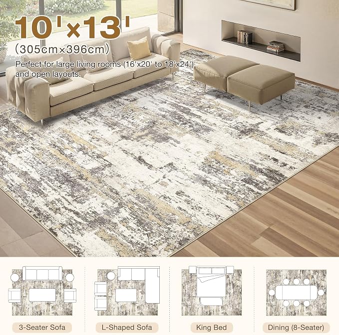 Area Rugs for Living Room: 10x13 Abstract Washable Rug Modern Neutral Large Soft Stain Resistant Non-Slip Backing Machine Table for Bedroom Dining Room Indoor Home Office Carpet - Gold Brown
