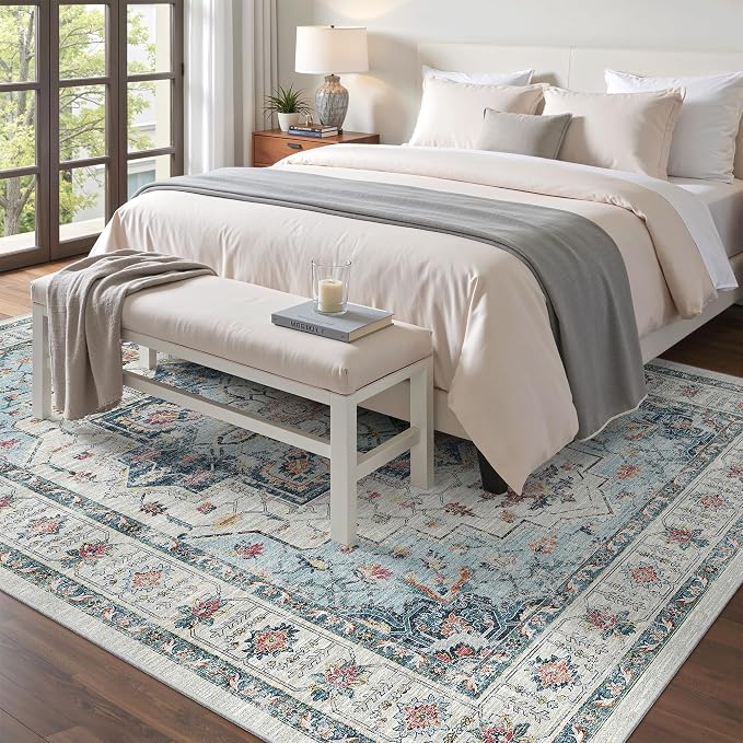 Madane 5x7 Area Rugs for Living Room, Non-Slip Washable Rug, Blue | Ultra-Thin Stain Resistant Vintage Large 5'X7' Carpet, Soft Low Pile Floor Mat For Bedroom Dining Room Office Home Decor
