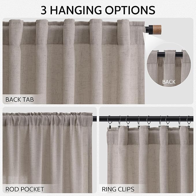 Nanspring Stone Beige Linen Curtains for Living Room 108 Inches Long Simple Modern Light Filtering Semi Sheer Curtain Back Tab Farmhouse Floor to Ceiling High Window for Bedroom 52x108, 2 Panels
