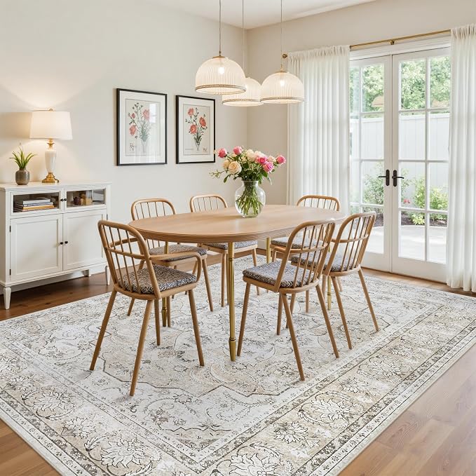 8x10 Area Rugs for Living Room:Beige Washable Vintage Medallion Carpet Non-Slip Soft Low Pile Large Rugs Indoor Retro Rug for Bedroom Nursery Dining Table Office Home(Beige White, 8'x10')