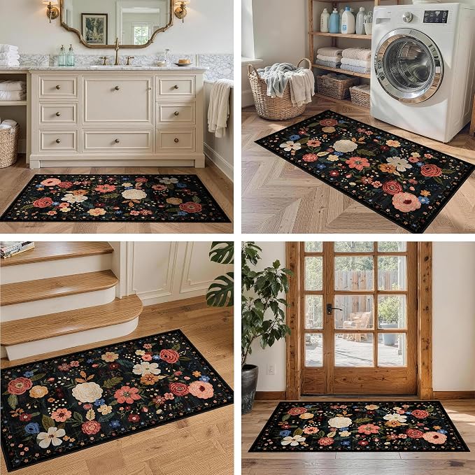 2x4 Washable Runner Rug Kitchen Hallway Area Rug Vintage Boho Floral Ultra Non-Slip Low Pile Soft Faux Wool Carpet Kids and Pets Friendly for Bathroom Bedroom Entryway Nursery Home Rug Black Green