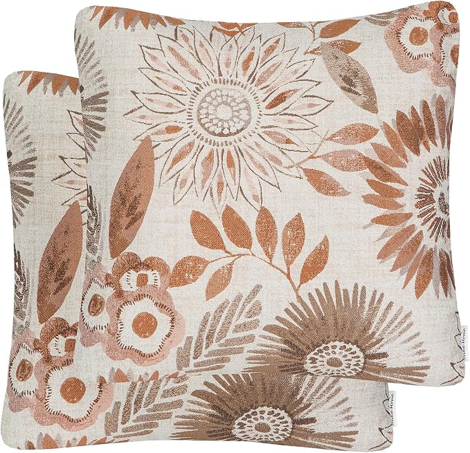 Mika Home Pack of 2 Throw Pillow Covers Decorative Pillow Cases for Sofa Couch Bed,Sunflower Pattern,22x22 Inches,Brown Cream