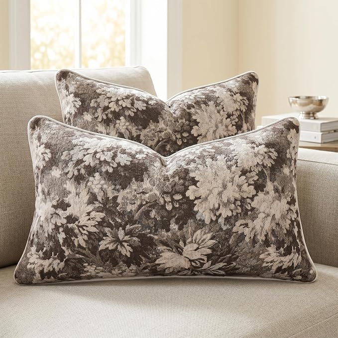 Vintage Floral Throw Pillow Covers 12x20 Inches Set of 2 Lumbar Farmhouse Pillow Cases Premium Chenille Textured Decorative Cushion Covers for Couch Retro Garden Farmhouse Style Coffee