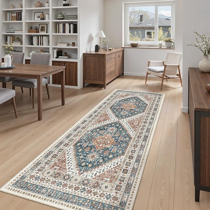 Madane Hallway Runner 3x8, Kitchen Rugs Washable Entry Rug, Navy Blue | Vintage Non Slip Entryway Indoor Area Rugs, Soft Low-Pile Farmhouse Wide Carpet Runners for Bathroom Living Room Bedroom
