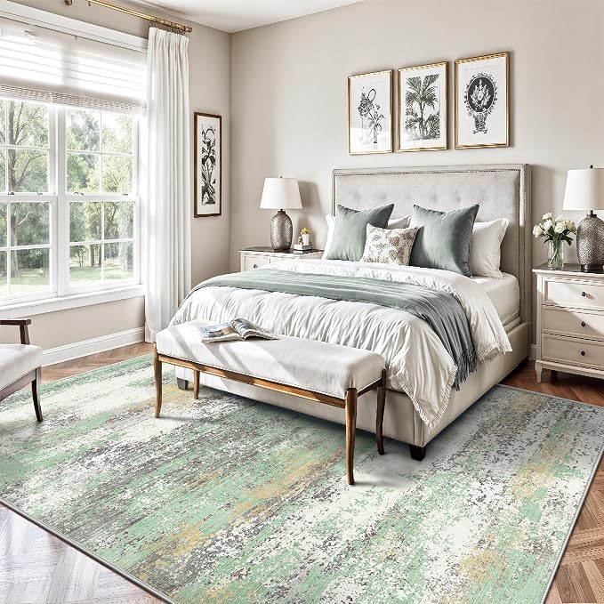 6x9 Area Rugs, Abstract Modern Ultra Soft Washable Rug, Non Slip Carpet with Rubber Back Stain Resistance Rugs for Living Room, Bedroom, Dining Room Decor(Light Green/Cream)
