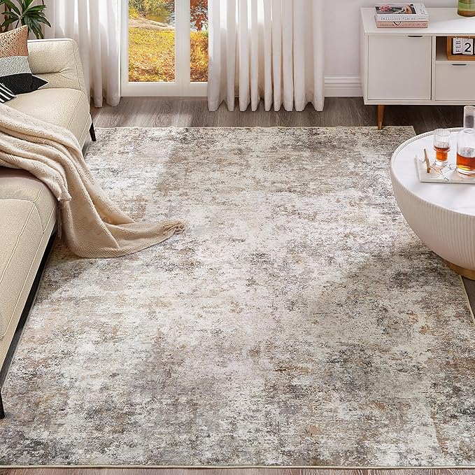 UERMEI 9x12 Washable Area Rug - Neutral Modern Abstract Living Room Rugs, Non-Slip Soft Large Indoor Floor Carpet for Bedroom Home Office & Under Dining Table Decor, Brown Grey