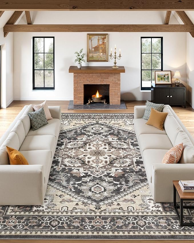 9x12 Vintage Area Rug: Washable Neutral Soft Non Slip Thin Large Floor Carpet for Living Room Bedroom Kitchen Dining Room Home Office Farmhouse Indoor - Black