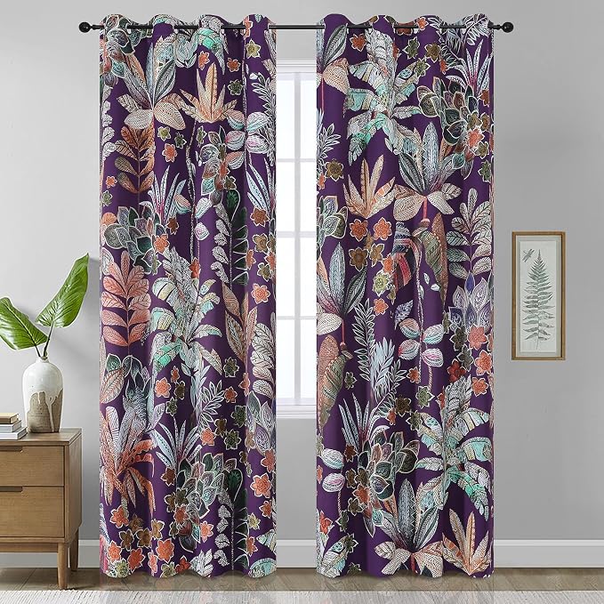 Estelar Textiler Purple Blackout Curtains Light Blocking Boho Floral Curtains for Bedroom,Thermal Insulated Grommet Room Darkening Privacy Protect Curtains for Living Room,52Wx102L,2 Panel