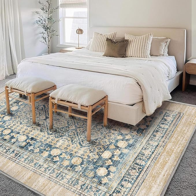 CHAMPLANT Area Rug 6'x9' Washable Vintage Traditional Floor Cover Thin Retro Kitchen Indoor Distressed Non Slip Carpet for Living Room Bedroom Dining Room