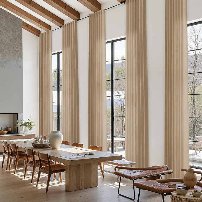 Sand Beige Linen 144 Inch Curtains for Living Room Simple Modern Light Filtering Semi Sheer Curtain Back Tab Rustic Luxury Home Decor Drapes Floor to Ceiling High Window for Bedroom 52x144, 2 Panels