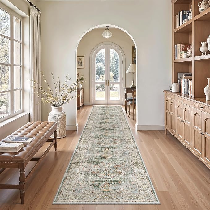 Madane Washable Runner Rugs 2x12 Long for Hallway Kitchen Soft, Green | Non-Slip Vintage Printed 12ft Rug Runners with Rubber Backing, Low-Pile Floor Carpet Laundry Room Entryway, Corridor
