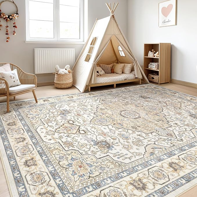 8x10 Area Rugs Living Room: Washable Boho Large Neutral Vintage Soft Rug Stain Resistant Farmhouse Non-Slip Indoor Floor Carpet for Bedroom Nursery Kids Playroom Office Dining Room- Sand Blue