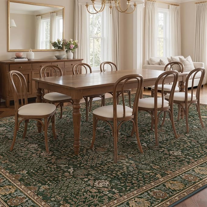 Bavni Washable Rugs 10x14-Machine Washable Rug Lightweight Low Pile, Vintage Floral Rug Non-Shedding Distressed Throw Carpet for Living Room Bedroom Office, Dark Green/Multi