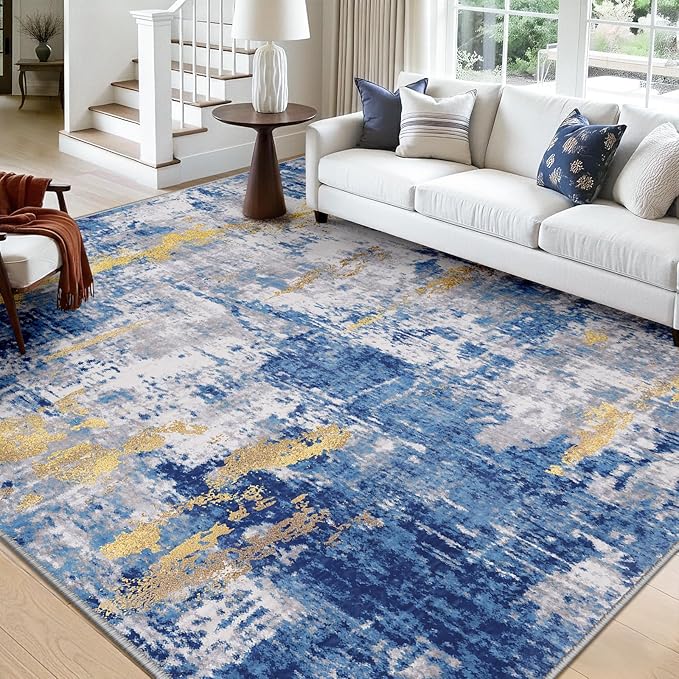 RELEANY Washable Area Rugs Square 10ft Non-Slip Modern Abstract Soft for Living Room Entryway Bedroom Kitchen, Print Pattern, Grey Blue Gold/Golden