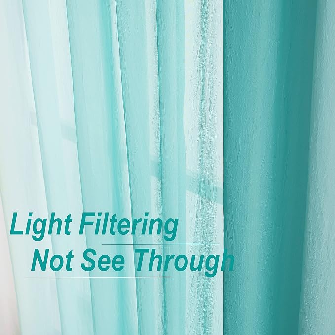 Teal Ombre Chiffon Sheer Curtain 63 Inch Long for Living Room Crinkle Semi Sheer Curtain Panels for Bedroom, Gradient Light Filtering Window Drapes Set of 2 for Kids Room, Office, Rod Pocket, 52"W