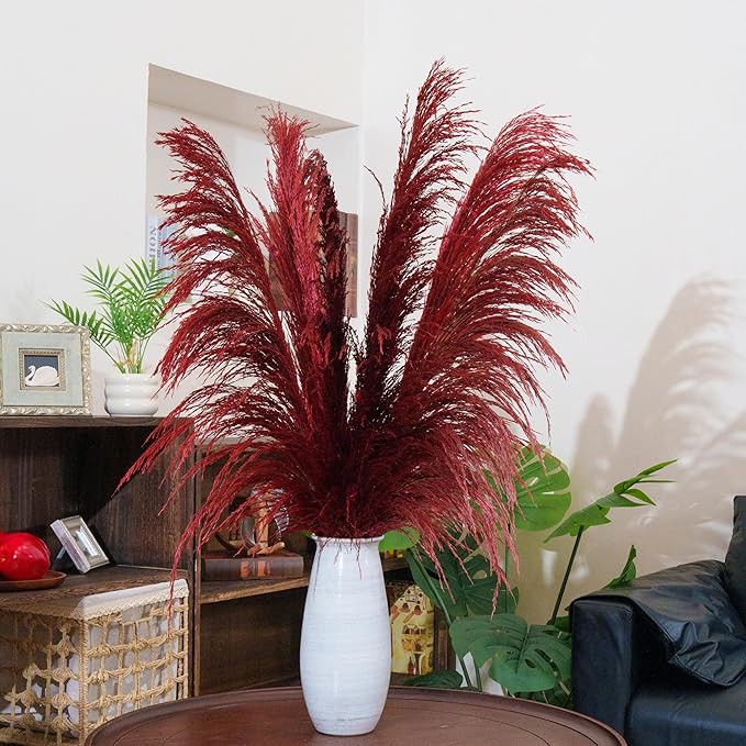 Red Pampas Grass Decor Tall for Floor Vase,Long Dried Pampas Grass, Large Pompas Floral, Elegant Feather Flowers for Wedding Decorations, Living Room Decor (Natural Red, 4pcs 43.3"(110cm))