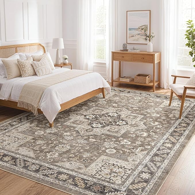 Vintage Living Room Area Rug 8x10 - Large Soft Washable Oriental Traditional Distressed Farmhouse Rugs for Bedroom - Indoor Floor Accent Carpet for Home Office House Decor - Brown