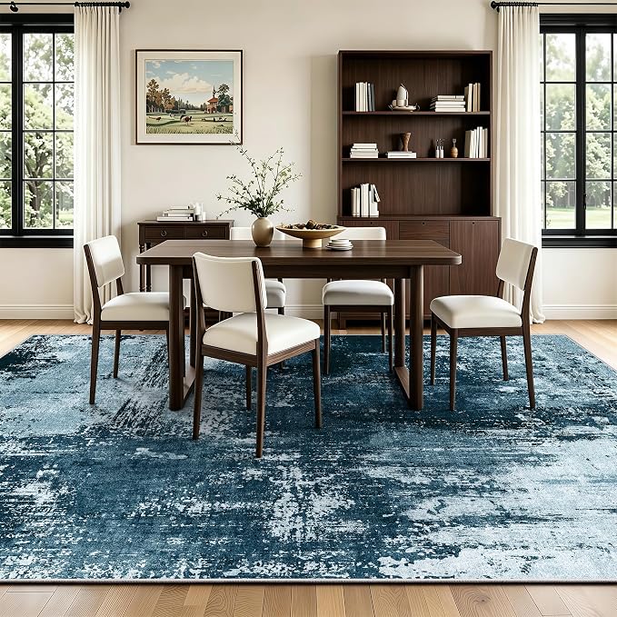8x10 Rugs for Living Room - Modern Abstract Washable Rug, Ultra Soft Non Slip Low Pile Large Rugs, Floor Carpet for Bedroom Dining Room Office Laundry Nursery Home（Ocean Blue）