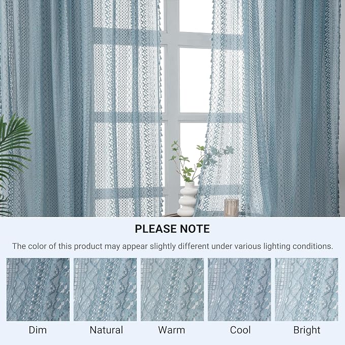 WAZZIO Boho Lace Curtains 84 Inches 2 Panel,Light Filtering Privacy Tassel & Geometry Crochet Semi Sheer Curtain Drapes for Bedroom Living Dining Room,Rod Pocket & Tassel,Light Slate Blue