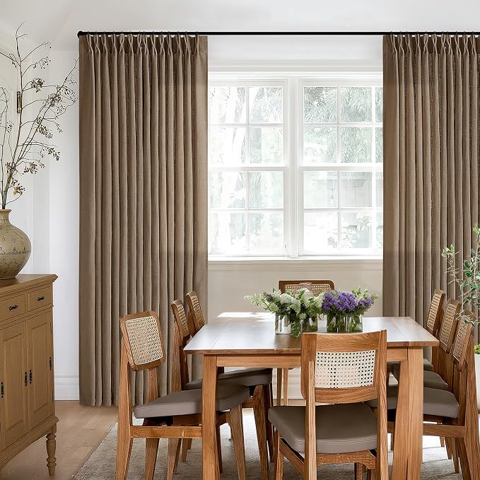 TWODRAPES Dutch Cocoa 90 Inch Linen Curtains Pinch Pleated Living Room Bedroom Dining Boho Brown Light Filtering Pinch Pleat Drapes Hooks Rings Back Tab Semi Sheer Dark Brown Window Curtains 2 Panels