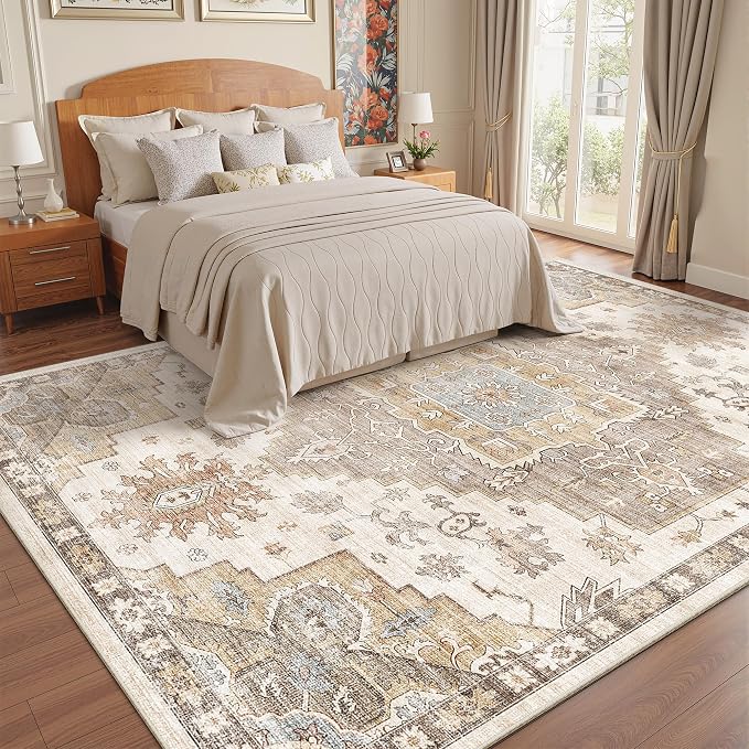 Washable Area Rugs for Living Room 9x12 Neutral Vintage Floral Farmhouse Boho Large Soft Floor Rug Indoor Non Slip Carpet for Bedroom Dining Room Brown