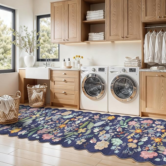 Washable Non-Slip Runner Rug 2x8: Water-Resistant Floral Kitchen Rug Indoor Low Pile Floor Mat for Living Room Bedroom Dining Room Ultra Soft Stain-Resistant Carpet for Pets Kids Family(2x8,Purple)