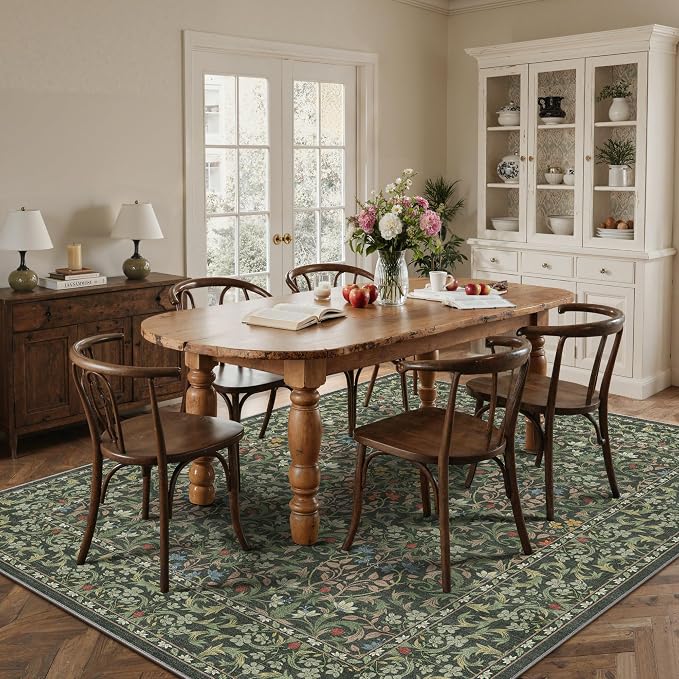 GENIMO 8x10 Washable Area Rugs for Living Room, Non Slip, Emerald Green | Vintage Boho Floral Low Pile Thin Carpet for Bedroom, Dining Room, Nursery, Indoor Decor