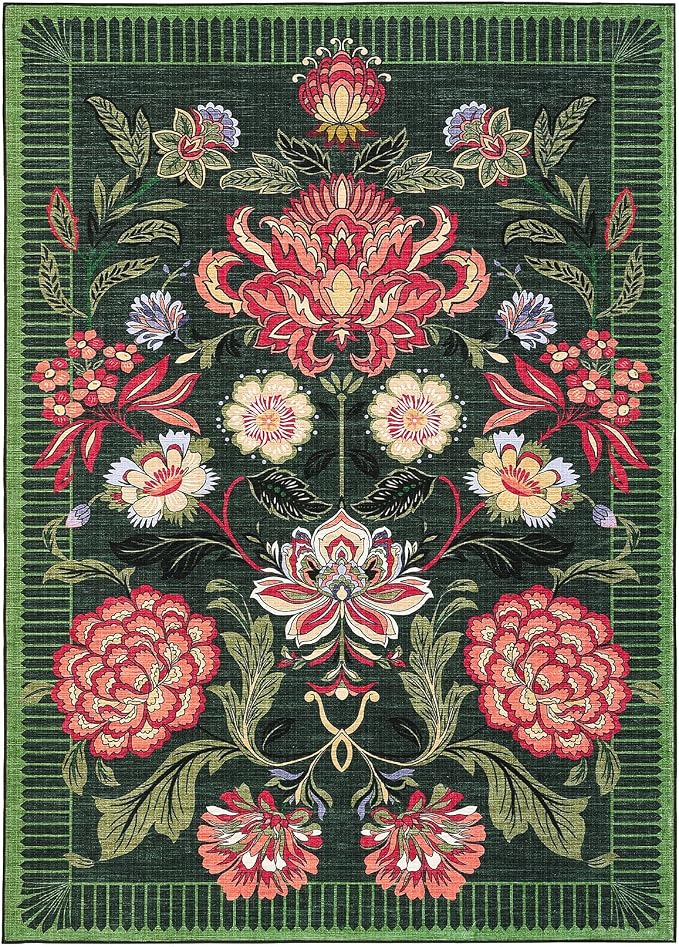 GarveeHome Forest Green Floral Christmas Washable Rugs 5x7 Area Rug for Living Room, Vintage Boho Cottage Throw Rugs Low Pile Carpet for Bedroom Dining Nursery Rug