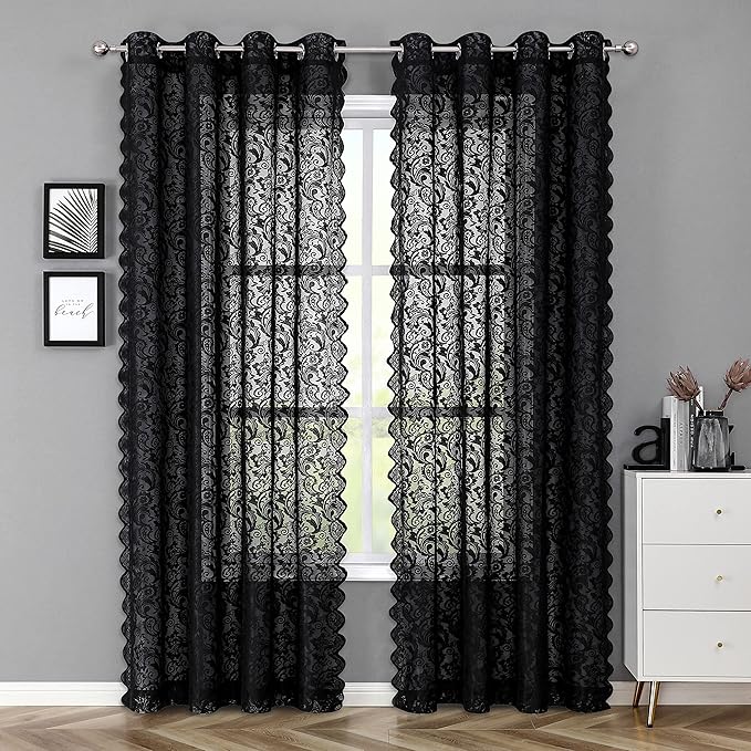 Bujasso Black Lace Sheer Curtains 108 inch Vintage Floral Sheer Window Curtain Panels for Living Room Bedroom Elegant Light Filtering Black Drapes Window Treatment Set Rod Pocket 2 Panels 54" Wx108 L