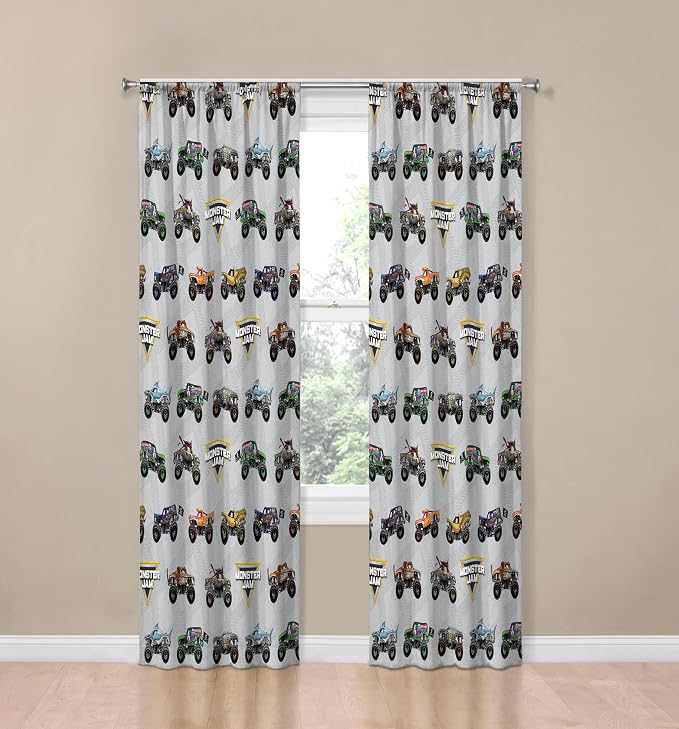 Jay Franco Window Curtains for Kids Bedroom 4-Piece Drape Set with 2 Tiebacks, Grey - Monster Jam, 42" W x 84" L (Pack of 2)