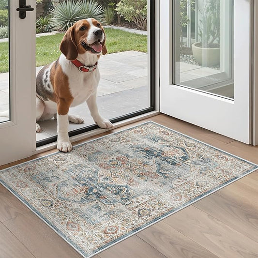 Madane Washable Area Rug 2x3 Small Entryway Rugs Non-Slip, Navy | Vintage Stain-Resistant Door Mat Indoor Entrance, Low Pile Floor Carpet for Inside Front Bedroom Kitchen Entry Laundry, Stair