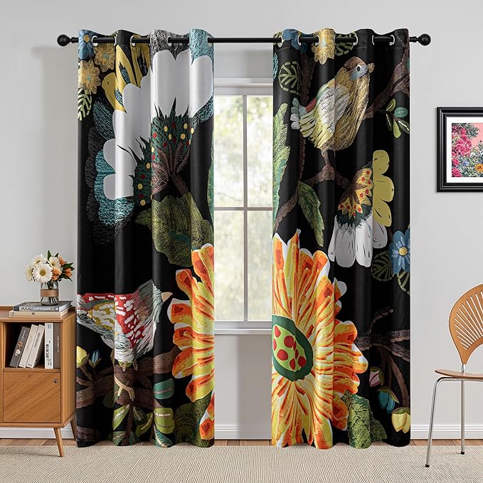 MYSKY HOME Black Boho Floral Blackout Curtains 84 inch Length 2 Panels Set for Living Room Thermal Insulated Black Out Energy Saving with Bird Patterned Grommet Drape for Dining Room, 52" x 84"