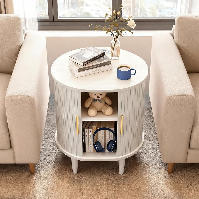DHH Mid Century Modern Nightstand with Charging Station, Fluted Accent Side Table with Sliding Door & Adjustable Shelf, End Table for Small Space, Living Room, Bedroom,Sofa Couch(1, White)