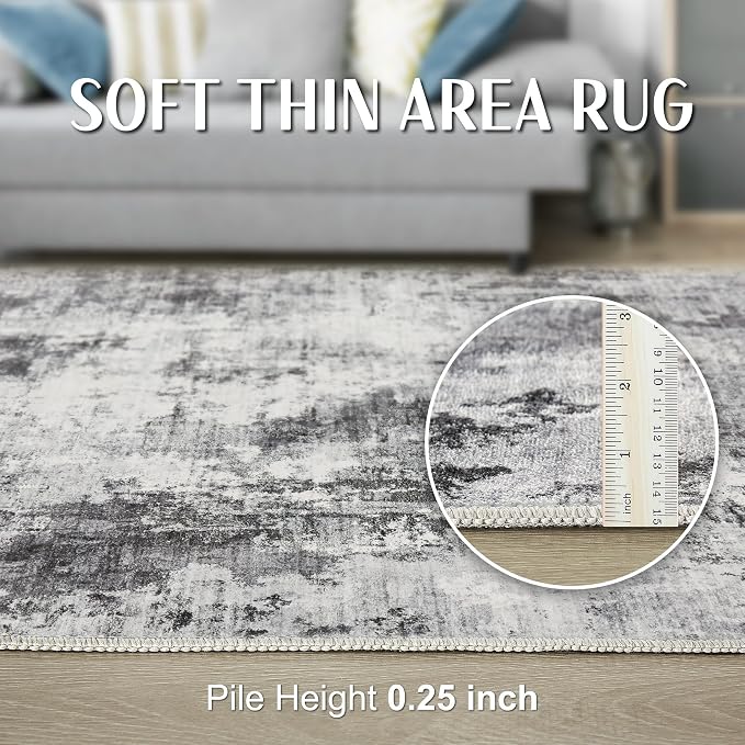 Abstract 6FT Round Rug: Machine Washable Non Slip Ultra Thin Low-Pile Carpet, Soft Stain Resistant for Living Room Bedroom Nursery, Kid Pet Friendly, Robot Vacuum Compatible - Grey