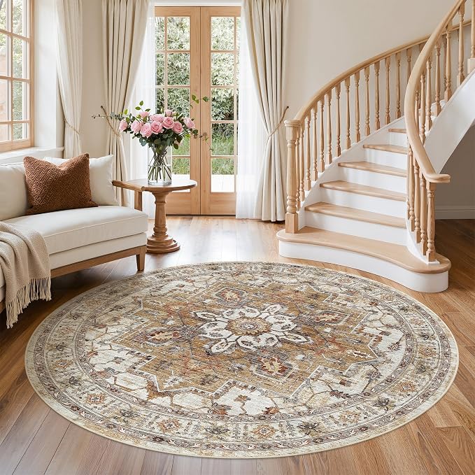 Madane Washable 5ft Circle Round Rug, 5x5 Circular Area Rugs, Turmeric/Grey | Non-Slip Vintage Floor Carpet for Living Room Dining Room, Low Pile Home Decor Mat For Bedroom Office Under Table