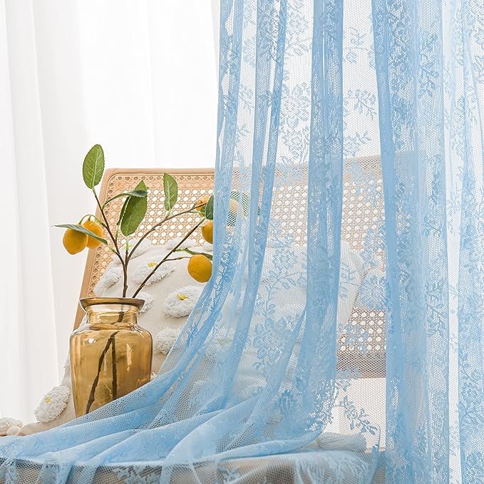 Sutuo Home Lace Curtains Set of 2 Blue Sheer 63 Inch Long Window Curtain Panels Floral Embroidery Vintage Voile Window Panel Treatment for Bedroom Living Room Kitchen Decor Rod Pocket W57 x L63