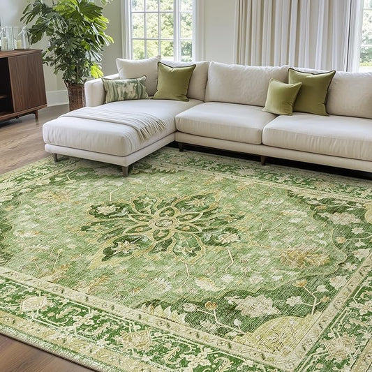 RELEANY Area Rugs 7'x10' Washable Non-Slip, Floral Vintage Distress Medallion Carpet for Living Room Bedroom Dining Room, Sage Green Yellow