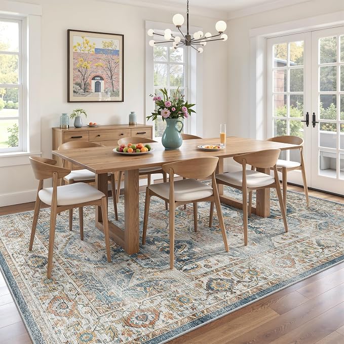 befbee 5x7 Area Rugs for Living Room,Stain Resistant Washable Rug,Non-Slip Backing Rugs for Bedroom,Kitchen,Printed Vintage Home Decor Rug (Navy, 5'x7')