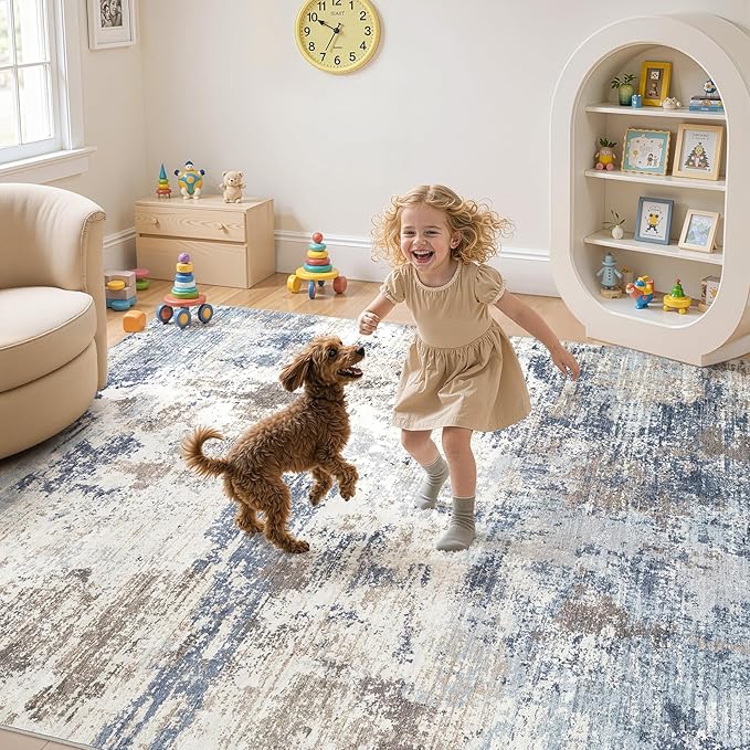 UERMEI 9x12 Area Rug Living Room Rugs - Washable Neutral Modern Abstract Soft Thin Large Rug Indoor Floor No Slip Rug Carpet for Bedroom Under Dining Table Home Office Decor- Denim Blue