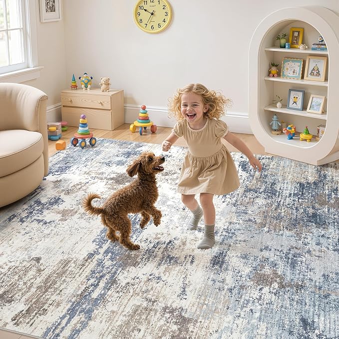 UERMEI 8x10 Area Rug Living Room Rugs - Washable Neutral Modern Abstract Soft Thin Large Rug Indoor Floor No Slip Rug Carpet for Bedroom Under Dining Table Home Office Decor - Denim Blue
