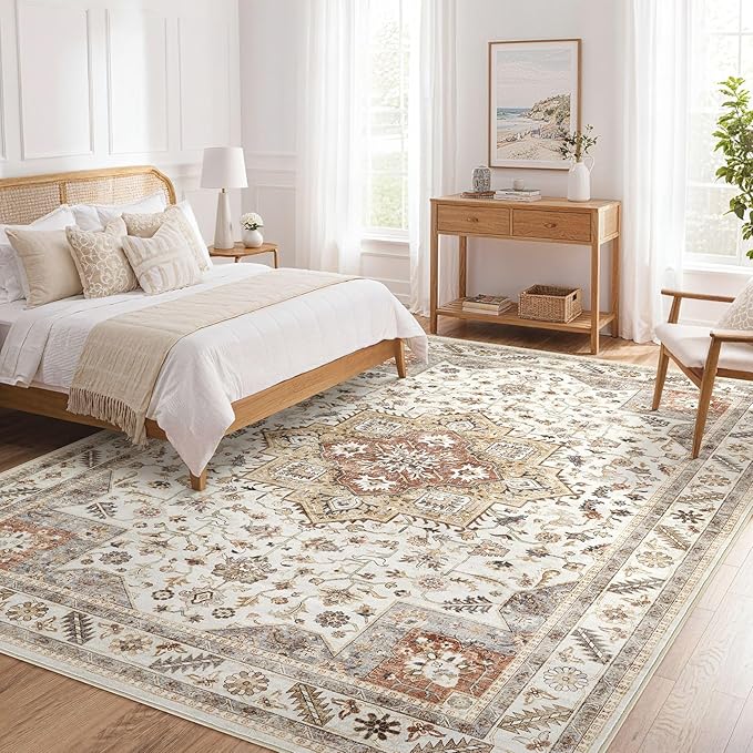 Vintage Living Room Area Rug 7x9 - Large Soft Washable Oriental Traditional Distressed Farmhouse Rugs for Bedroom - Indoor Floor Accent Carpet for Home Office House Decor - Golden Taupe